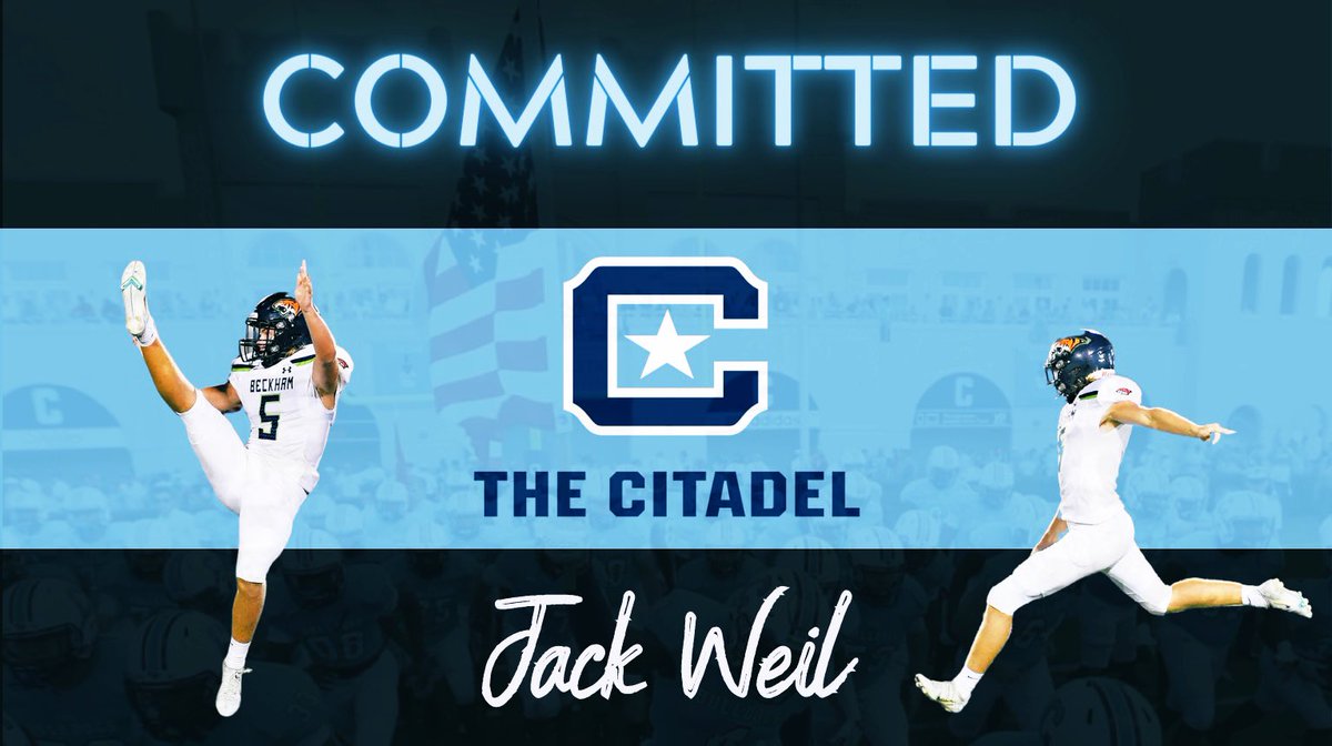 Jack Weil (@jackweil_kicker) on Twitter photo Excited to announce my commitment to attend The Citadel and play football under <a href="/KoachDrayton/">Maurice Drayton</a> and throw for <a href="/CitadelTFXC/">The Citadel Track & Field / Cross Country</a>! Thank you to everyone that has helped me through this process. Go Dogs! <a href="/CFABulldogs/">CitadelFootballAssociation</a> <a href="/CitadelFootball/">The Citadel Football</a> <a href="/BeckhamFB_/">Beckham HS Football</a> <a href="/DanOrnerKicking/">DanOrnerKicking</a> Excited to announce my commitment to attend The Citadel and play football under <a href="/KoachDrayton/">Maurice Drayton</a> and throw for <a href="/CitadelTFXC/">The Citadel Track & Field / Cross Country</a>! Thank you to everyone that has helped me through this process. Go Dogs! <a href="/CFABulldogs/">CitadelFootballAssociation</a> <a href="/CitadelFootball/">The Citadel Football</a> <a href="/BeckhamFB_/">Beckham HS Football</a> <a href="/DanOrnerKicking/">DanOrnerKicking</a>