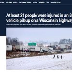 Image for the Tweet beginning: 當地時間27日，美國威斯康星州南部遭遇大雪天氣，導致高速公路85輛車發生大規模連環追尾事故。據美國國家廣播公司(NBC)，威斯康星州巡邏隊在聲明中表示，事故發生27日中午12點30分左右，85輛汽車在簡斯維爾和貝洛伊特之間的羅克縣發生連環追尾事故，21人被送往地區醫院接受治療，目前沒有生命危險。 