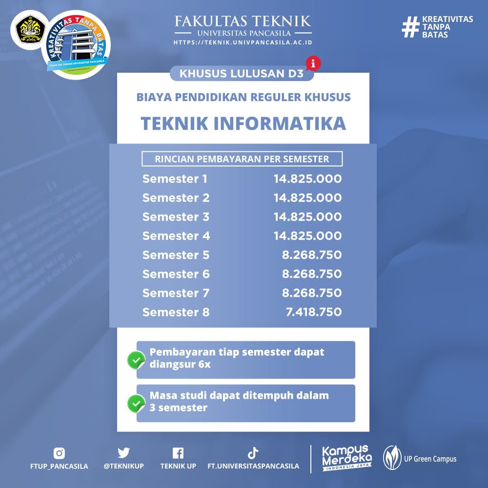 TeknikUp's tweet image. Kamu lulusan D3 dan ingin lanjut kuliahTeknik Informatika? Di FTUP aja! simak biaya pendidikannya diatas, ya! Kamu bisa daftar via online melalui website pmbonline.univpancasila.ac.id atau hubungi ke nomer 0812 9652 577 (Aruan).
#FTUP #KreativitasTanpaBatas #TeknikInformatika