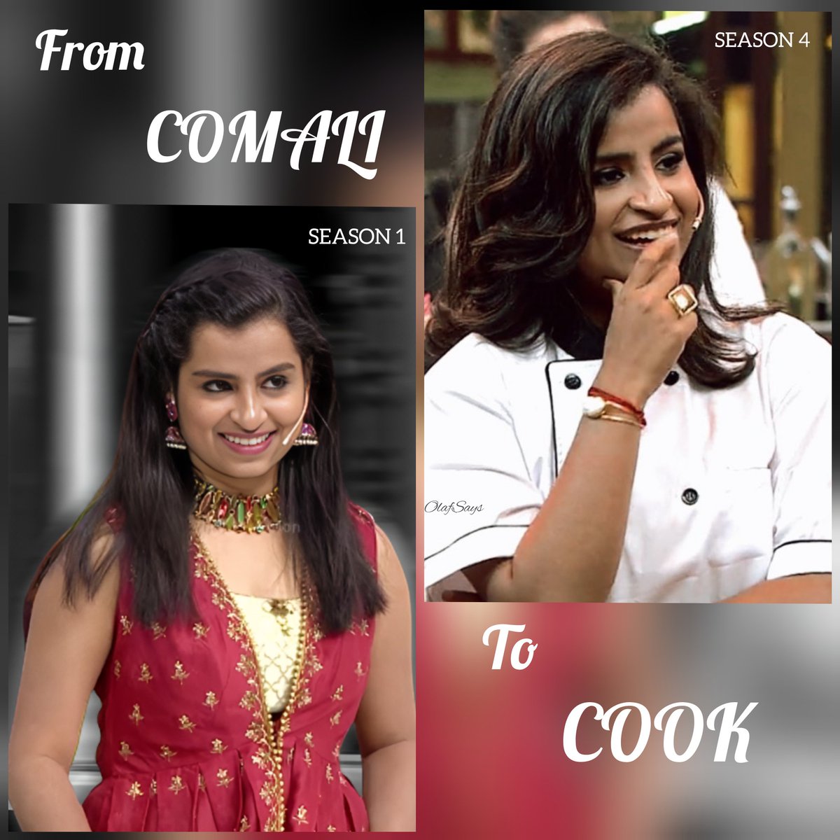 Olaf_Says007's tweet photo. She started her journey as COMALI in #Cwc1, and now she had come as COOK in #Cwc4
It shows her determination, dedication, confidence, passion, and eagerness to learn new things. I wish you all the best with this new journey as a COOK. Happy for you, dear 💕
#sivaangi #OlafSays https://t.co/jjSp7d02qA