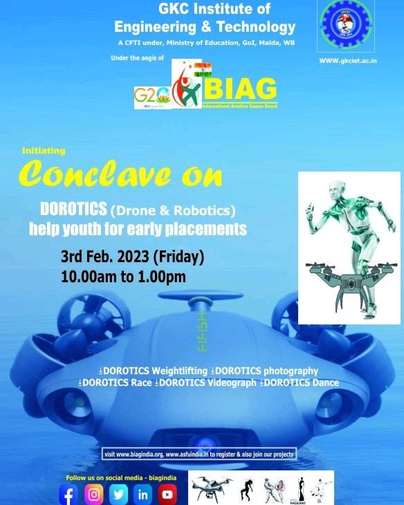 BiagIndia's tweet photo. First time in India, as national apex body for the International Aviation Games Board/ BIAG, affiliated to Aviation and Space Federation for Universe/ ASFU, conducting conclave for the awareness of DOROTICS( Drone &amp; Robotics) with AI Projects and competitions. https://t.co/6d0np593Ki