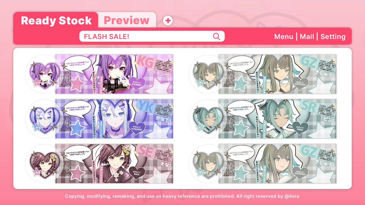 help rt plis? thankyou 🎀

haloo aku ada layout FLASH SALE nih! dri chara genshin, bandori, proseka &amp; anime! pricenya jadi 12k/each! ayo jajann 💗🐰

flash sale ends besok ya! setelah flash sale kembali ke harga normal💗

#zonauang #zonaba #zonajajan