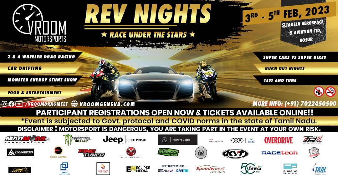 Vroom Motorsports presents #RevNights - Experience the speed, adrenaline rush in witnessing super cars, super bikes, Indian cars and Indian bikes gunning towards the quarter mile finish.
Visit vroomgeneva.com 
#vroomdragmeet #vroomdragmeet2023 #nightracing <a href="/justvroom/">VROOM MOTORSPORTS</a>