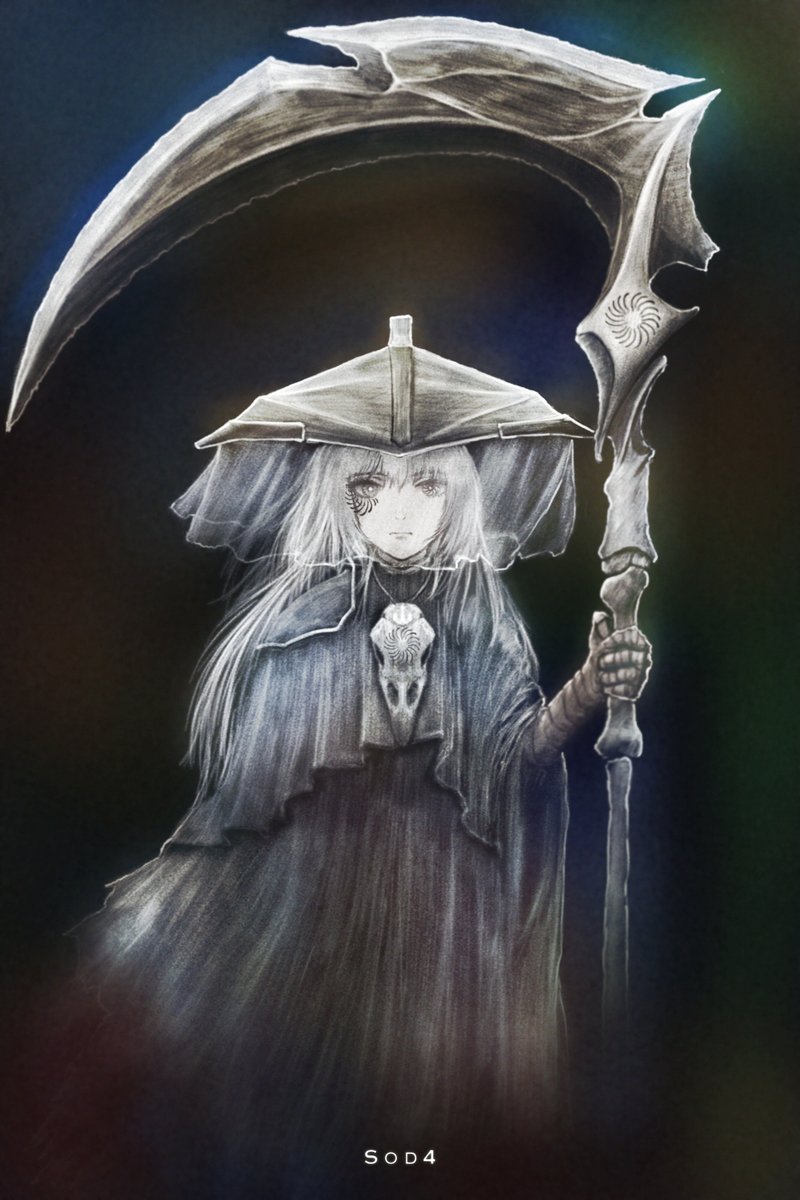 scythe 1girl solo holding long hair hat holding scythe  illustration images