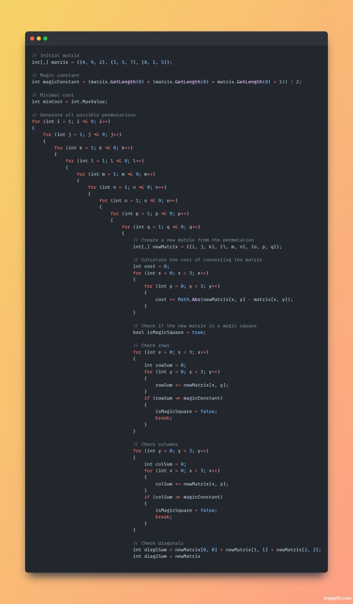 andrepiper89's tweet image. I asked #chatgpt3 to solve a #hackerank Question.

hackerrank.com/challenges/mag…

Human solved: lunarscents.github.io/2019/08/06/for…

ChatGPT attempt: 
Easy to say that, it couldn&apos;t solve it, well not yet, the code had 9 inner loops. 🫢

See the incomplete code below with 😅
