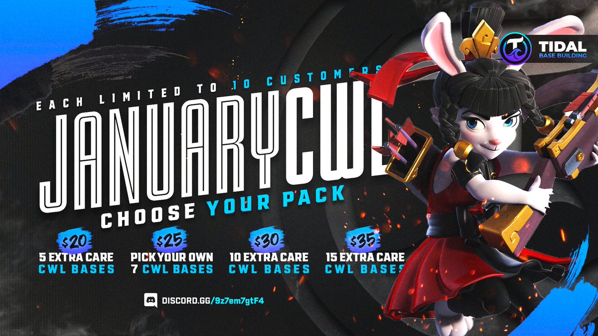 Tidal_BB's tweet photo. We still have at least 1 slot available in each category, bases will be delivered tomorrow! Each slot limited to 5 

BTW, This is for February CWL, not a month old pack.
There is no better time to get the best bases out there for a guaranteed amazing cwl! 
https://t.co/e0HUFC6fvh https://t.co/r8DYMFpOzx