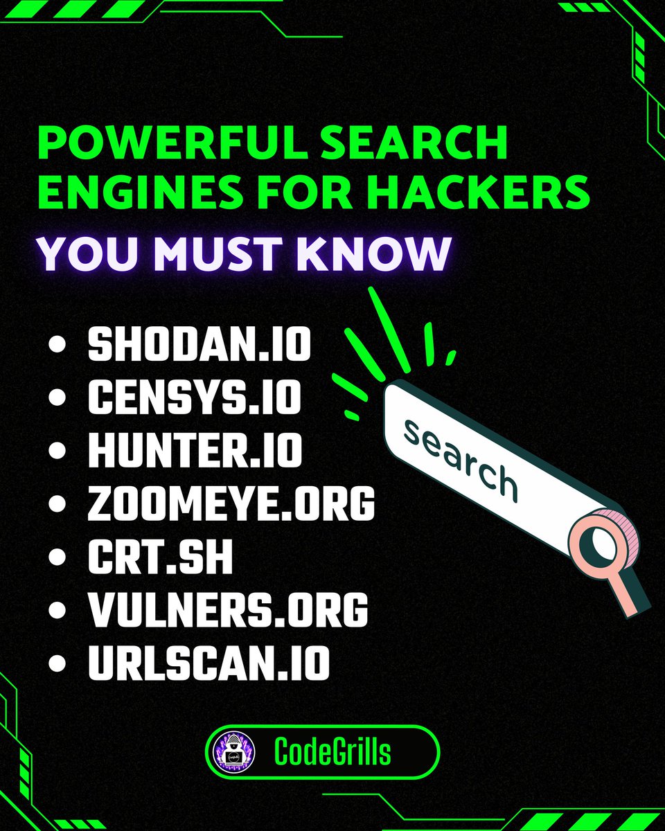 Code_Grills's tweet image. Best Search Engines for Pen Testers &amp;amp; Bug Hunters

Which one you use most? Comment Below!

• TAGS:-
#searchengine #shodan #censys #searchengines #webvulnerability
#ethicalhacking #cybersecurity #blackhathacker #ethicalhackers #ethicalhackerintraining #hackingcourse #hackers