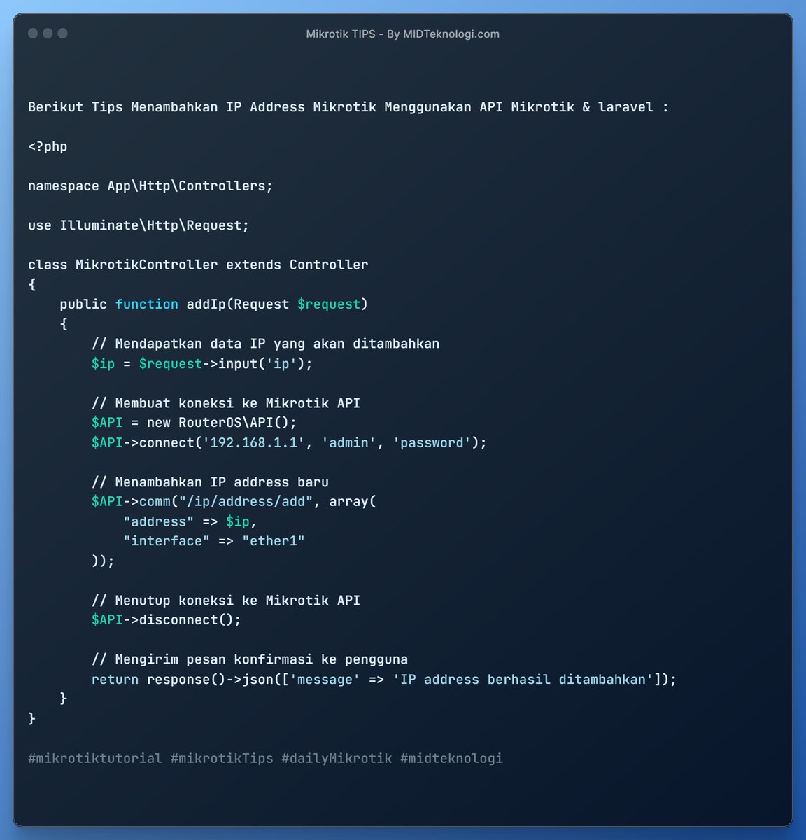 _4dinata's tweet image. Berikut Tips Menambahkan IP Address Mikrotik Menggunakan API Mikrotik &amp;amp; laravel 
Dukung Kreator 👉 cekgan.com/super-thanks
.
.
#mikrotiktutorial #mikrotikTips #dailyMikrotik #midteknologi