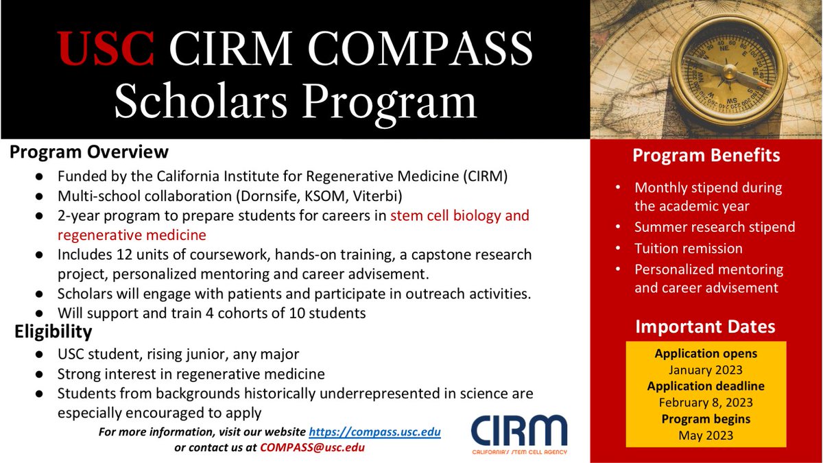 Applications are open for the 2023 CIRM COMPASS program! Deadline is February 8. Check out our interactive brochure here: bit.ly/3HeZvNa 
Apply here: compass.usc.edu/apply/