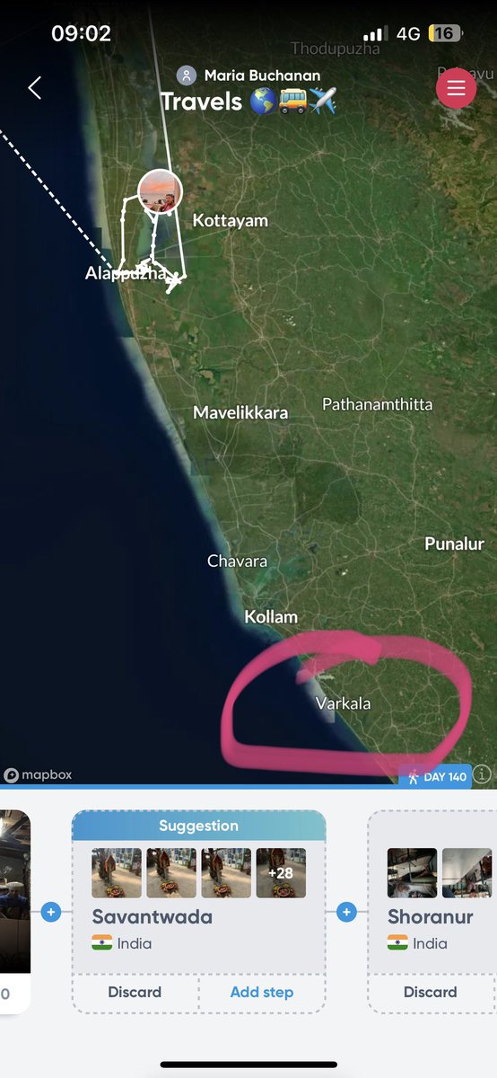 MariaB92's tweet photo. @polarsteps The problem is the app hasn’t detected my location (in Varkala) so there is no plus signs for where I would like to add a location. Am I able to add this now? Thank you 😊 https://t.co/KOQTXDH0EX