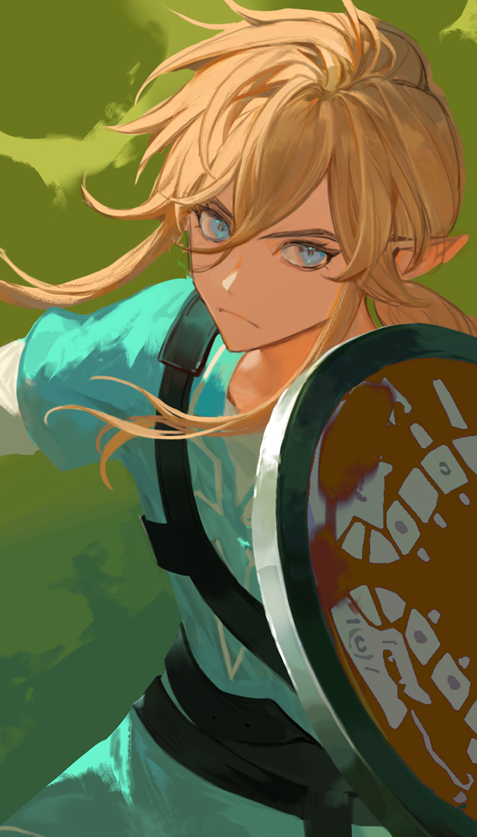 link 1boy male focus solo blonde hair blue eyes pointy ears shield  illustration images