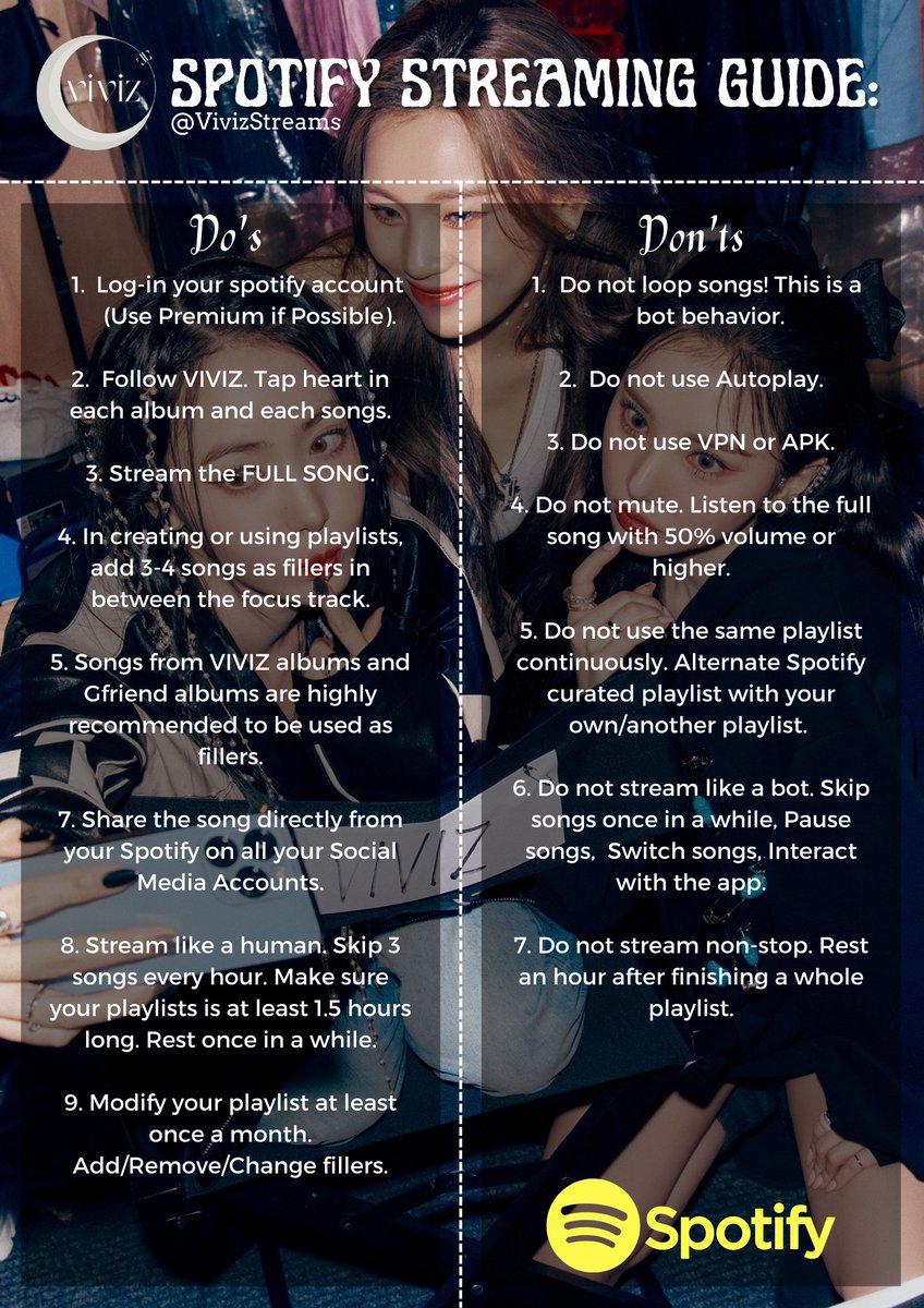 📢Na.V Announcement:

Here are the Streaming Guidelines for YouTube and Spotify for VarioUS (PULL UP)!

🚨Sharing links on social media and editing Tiktok vids using songs from the album would also be nice!

#VIVIZ #UMJI #SINB #EUNHA
#비비지 #엄지 #신비 #은하