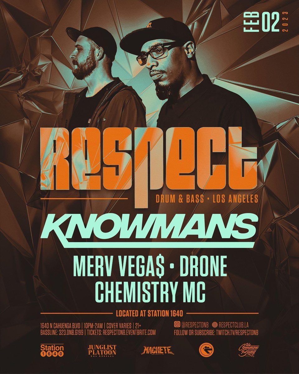 el padrone (@droneskie) on Twitter photo Thursday (2/2) 🔉⚡️Respect presents <a href="/knowmans_/">Knowmans</a> + @mervegas_maximus <a href="/droneskie/">Systems Demolition</a> and <a href="/chemdracula/">Karma Sutra 🔮📿</a> 🎤🎧 21+ | 10-2am <a href="/station1640/">Station1640</a> 🔥#respectdrumandbass #dnb #drumandbass #losangeles
Purchase $5 Early Bird / GA (link in bio): respectdnb.eventbrite.com Thursday (2/2) 🔉⚡️Respect presents <a href="/knowmans_/">Knowmans</a> + @mervegas_maximus <a href="/droneskie/">Systems Demolition</a> and <a href="/chemdracula/">Karma Sutra 🔮📿</a> 🎤🎧 21+ | 10-2am <a href="/station1640/">Station1640</a> 🔥#respectdrumandbass #dnb #drumandbass #losangeles
Purchase $5 Early Bird / GA (link in bio): respectdnb.eventbrite.com