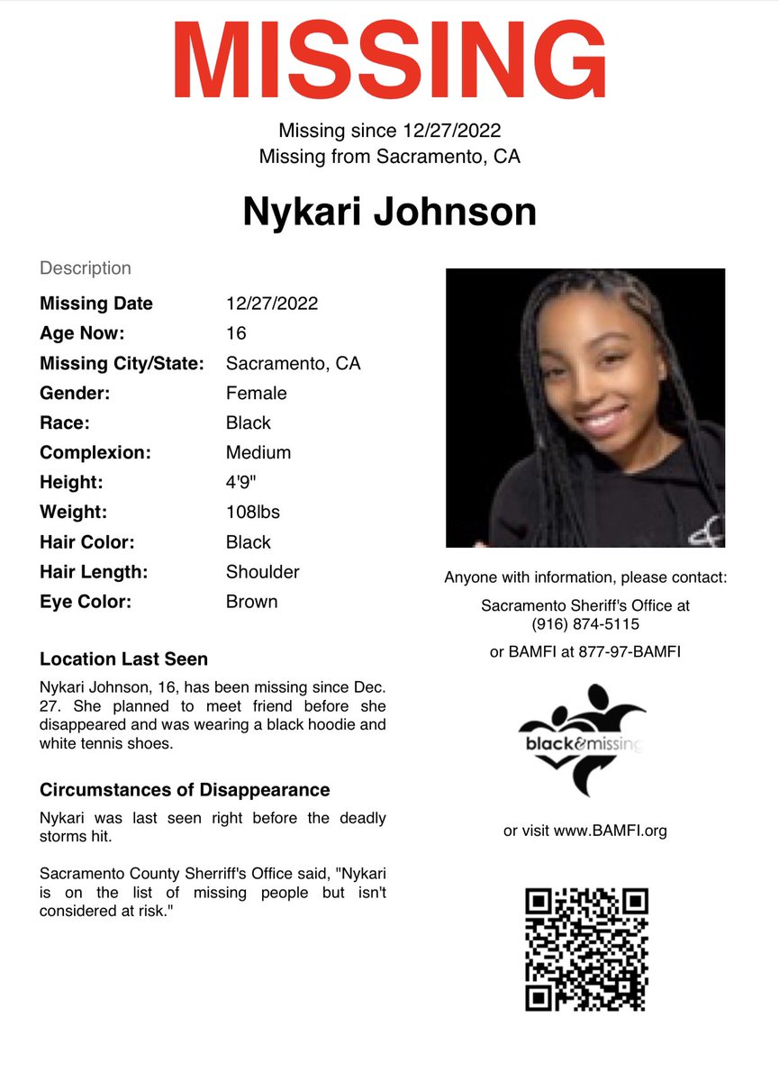 #Scramento, CA: 16y/o Nykari Johnson last seen Dec. 27. She planned to meet friend b4 she disappeared.

Sacramento Sheriff’s Office, “Nykari is on the list of missing people but isn’t considered at risk.”

#HelpUsFindUs #NykariJohnson