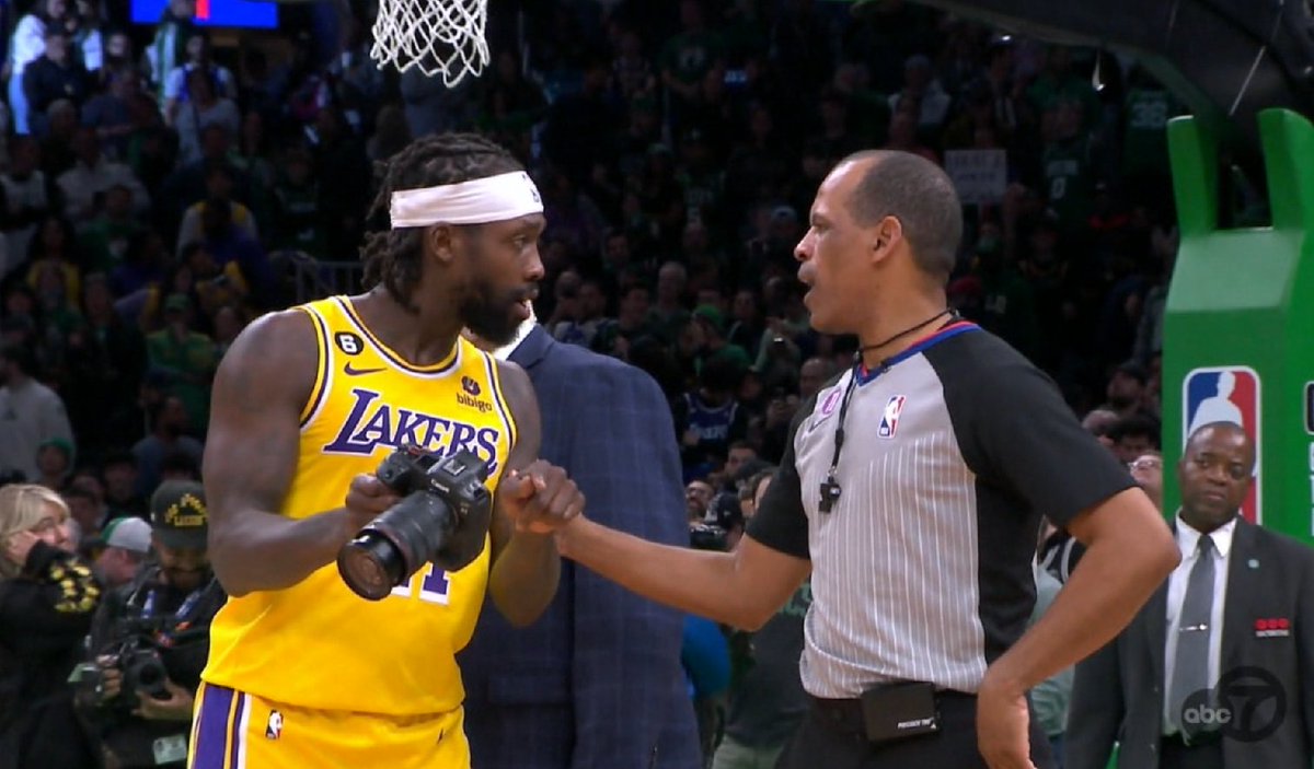 jose3030's tweet image. Patrick Beverley comes onto court to show ref a camera of Jayson Tatum foul on LeBron James