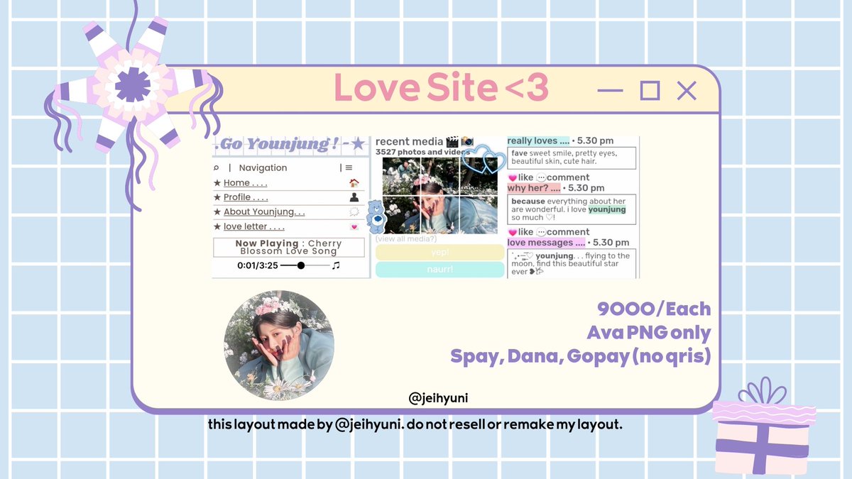 retweet will be appreciated 🙌🏻💗 (2)

super fresh from the oven! aku ada layout ready stock go younjung seperti ini♡!
ㅡ 9K/each
ㅡ get ava png only
ㅡ open req♡!
ㅡ spay, dana, gopay (no qris)

#zonauang #zonajajan #zonaba