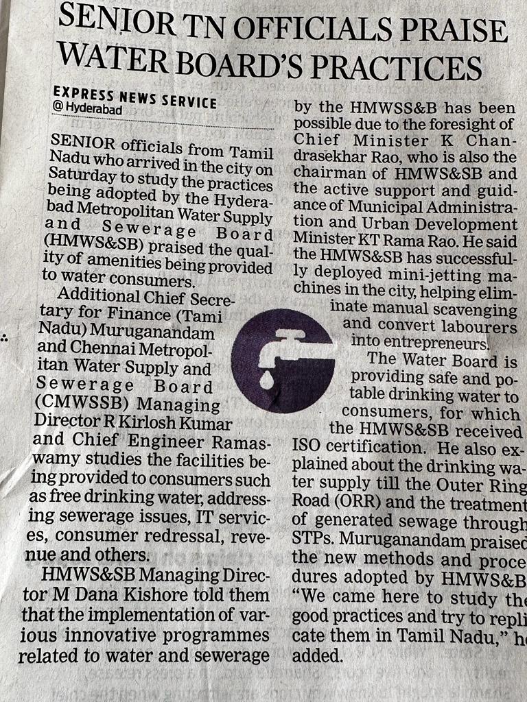 Manager Prakashnagar section. (@hmwssbmgrprkngr) on Twitter photo Tamil Nadu officials visit #HMWSSB and commend Hon'ble Minister <a href="/KTRBRS/">KTR</a> for embracing technology to improve water utilities with mini jetting vehicles, safety teams, and smart meters. <a href="/MDHMWSSB/">K Ashok Reddy, IAS</a> <a href="/TelanganaCMO/">Telangana CMO</a> Tamil Nadu officials visit #HMWSSB and commend Hon'ble Minister <a href="/KTRBRS/">KTR</a> for embracing technology to improve water utilities with mini jetting vehicles, safety teams, and smart meters. <a href="/MDHMWSSB/">K Ashok Reddy, IAS</a> <a href="/TelanganaCMO/">Telangana CMO</a>