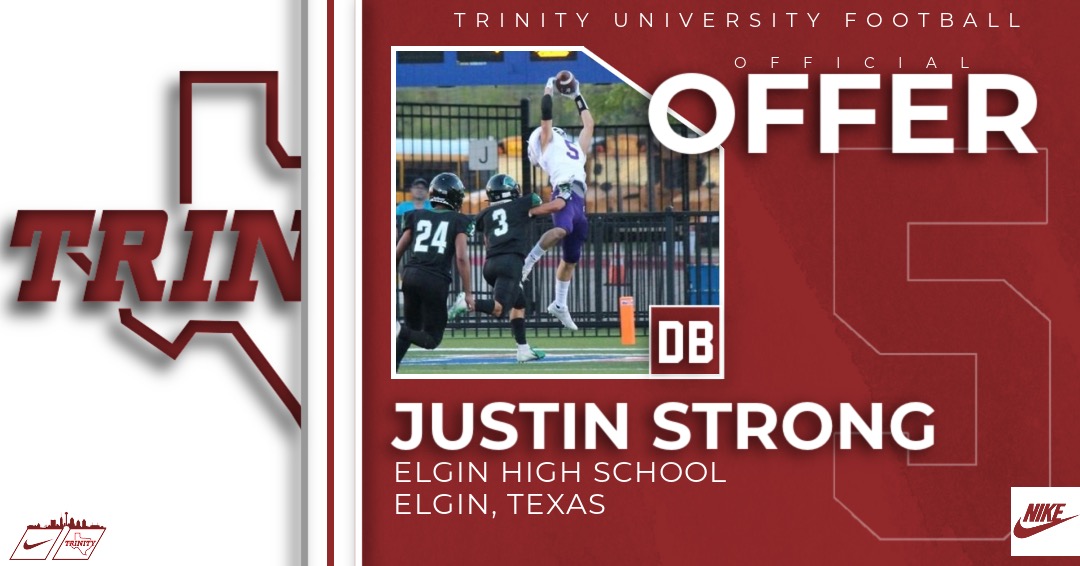 JustinStrong05's tweet photo. After a great talk with coaches @JerhemeUrban83 and @CoachPatchmc42, I'm excited to received an offer from Trinity University. Thanks to  @HeathClawson @coach_ferg25 and all my other coaches. Also,my teammates and family for the support along the journey. #TU #BeTheStandard https://t.co/epAKrY3awN