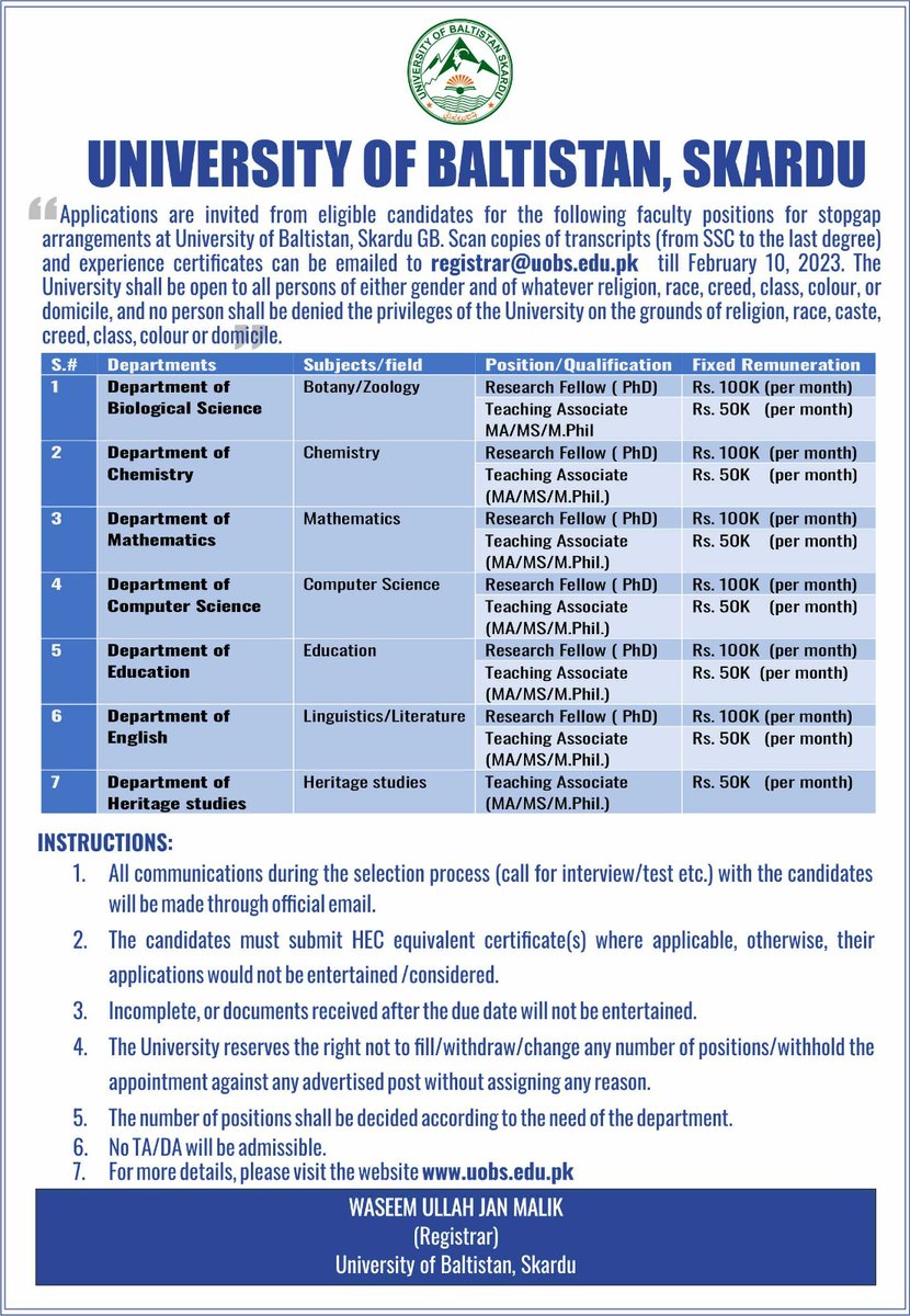 AttaradDr's tweet photo. Faculty positions are offered on contractual fixed pay for a term of 5 months- extendable !
#faculty #positions #university #uobs #GB https://t.co/JCbdEBBE3X