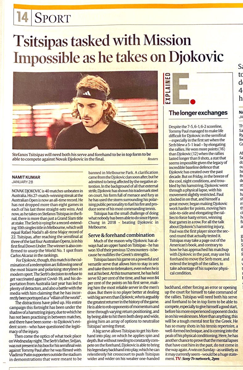 nairsameer's tweet photo. The BIG match-up today! @DjokerNole faces-off with @steftsitsipas for a possible 22nd Grand Slam title equalling @RafaelNadal - or a maiden title win for Stefanos ✨⭐️ 🏆 @AustralianOpen @SonySportsNetwk #2pmToday
Some fine sports writing in the papers!
@madhoknikhil https://t.co/4IFueTNIla