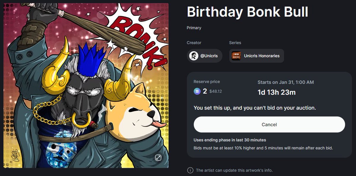 UnicrisX8's tweet photo. To celebrate @Fearless_Bulls 1st Birthday on Feb 1 I created a special FBC honorary, also incorporating @solana cultural @bonk_inu movement.
Auction: Jan 31, 6pm UTC
Bid: 2Sol, increments of 0.69
To give back to the FBC fam parts of the gains will go back into the $vBLSH LP! https://t.co/B1HfbIaJRY