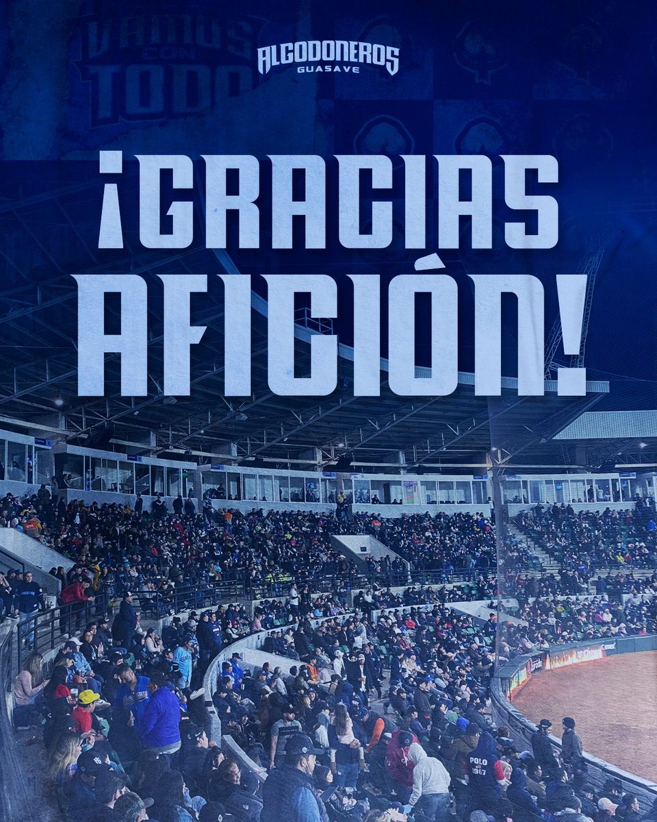 AlgodonerosGsv's tweet photo. ¡GRACIAS AFICIÓN! 

Gracias por su entrega y pasión. Una temporada inolvidable. HOY MÁS QUE NUNCA TODOS SOMOS GUASAVE, TODOS SOMOS ALGODONEROS. 

#AGanarXSiempre 🌩 https://t.co/sFbaf42xNB