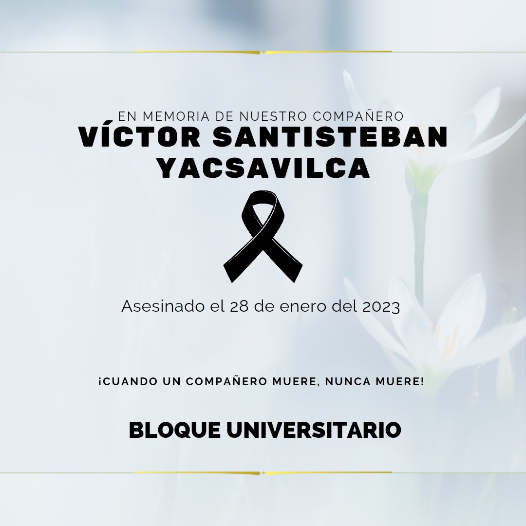 #ATENCIÓN I ALTO A LAS MUERTES 

El Bloque Universitario ofrece su respeto al compañero Víctor Santisteban Yacsavilca, asesinado el día de hoy 28 de Enero a causa de la violenta represión policíal en la Av. Abancay, expresamos nuestras más sinceras condolencias a sus familiares.