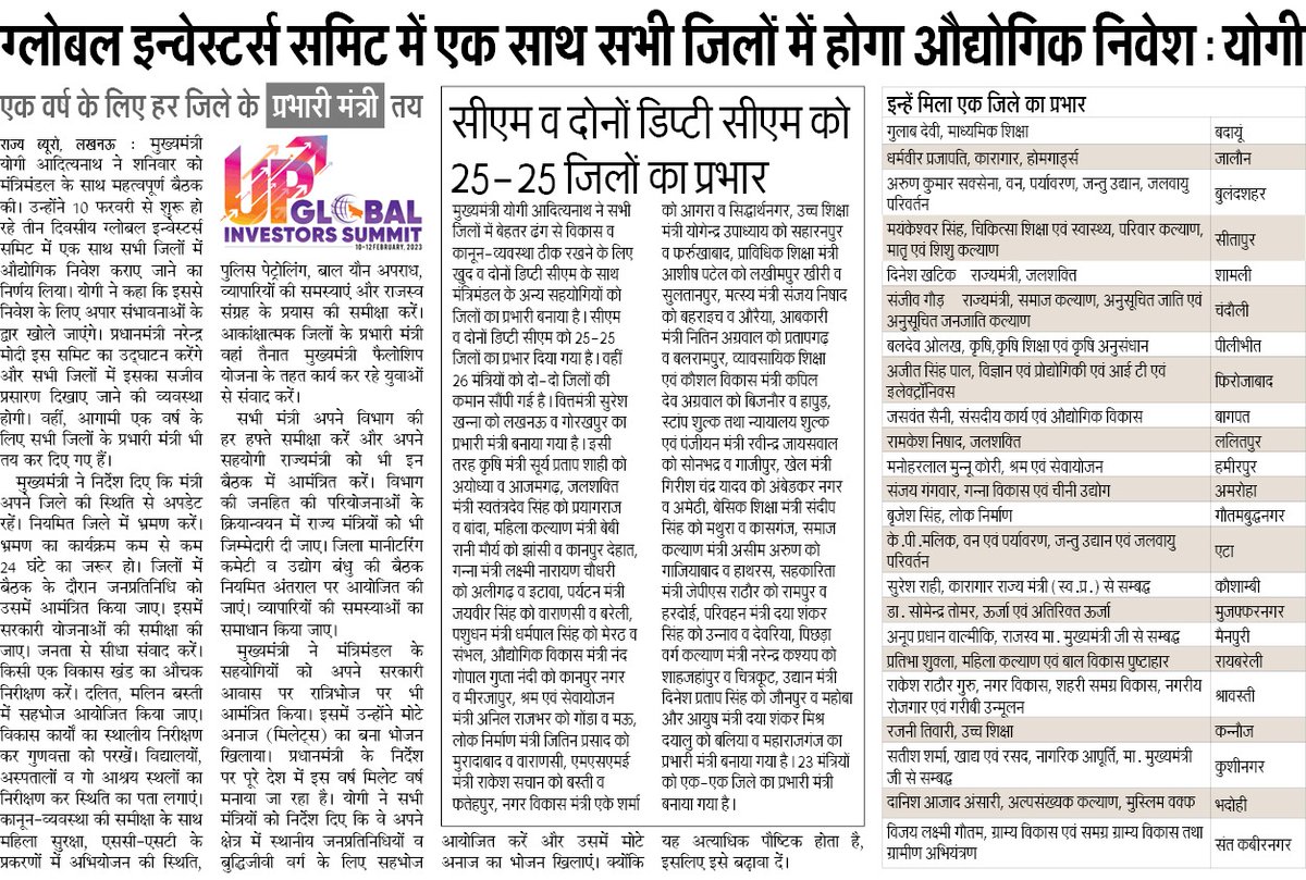 CMOfficeUP's tweet photo. ग्लोबल इन्वेस्टर्स समिट 2023 में एक साथ सभी जिलों में होगा औद्योगिक निवेश: #UPCM @myogiadityanath

एक वर्ष के लिए हर जिले के प्रभारी मंत्री तय

#UPGIS23 https://t.co/FwsFlx3Jox