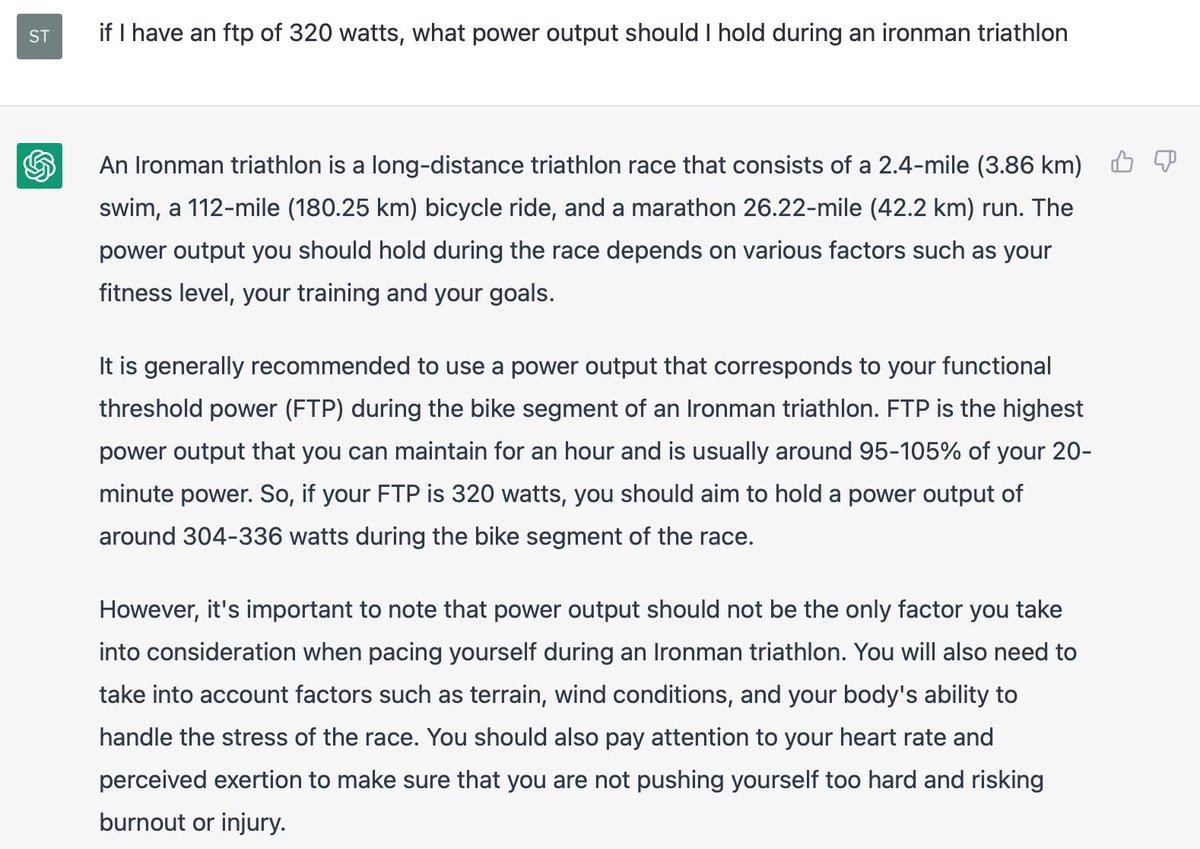 Chatgpt is a really interesting tool and I am intrigued by its continuing development. But I wouldn't recommend it as a triathlon coach just yet #overbiked <a href="/bbculp/">Brad Culp</a> <a href="/usatriathlon/">USA Triathlon</a> <a href="/gtntweet/">GTN</a>