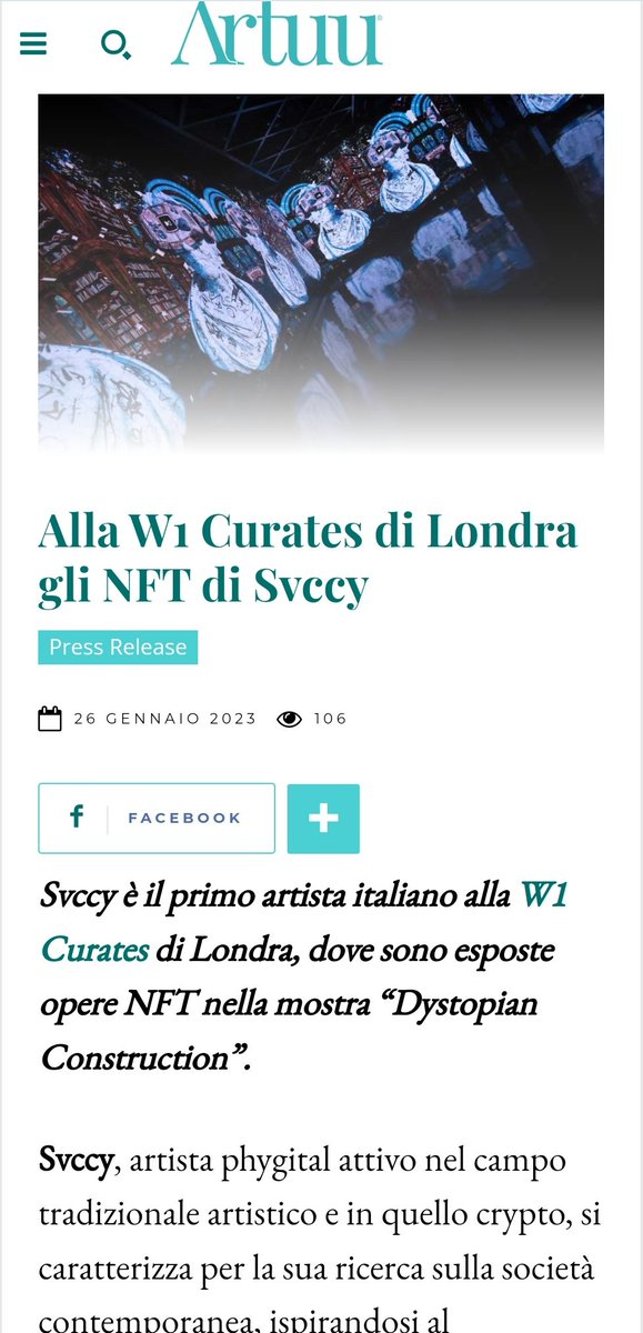 GM 🔥! Very happy for the article on my personal exhibition "Dystopian Constructions" curated by <a href="/W1curates/">W1 Curates</a> and <a href="/ZaniniArte/">Zanini Arte</a> on <a href="/ArtuuMagazine/">Artuu</a> !

artuu.it/alla-w1-curate…

#nft #art #NFTartists