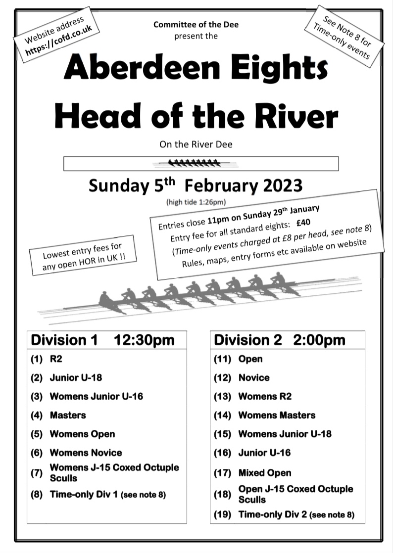 Last chance to enter for Aberdeen Eights HOR 2023❗️

Entries will close tonight at 11pm. To find out more information about the event or how to enter please visit the Committee of the Dee website which is linked below 👇 

Enter today by visiting cofd.co.uk