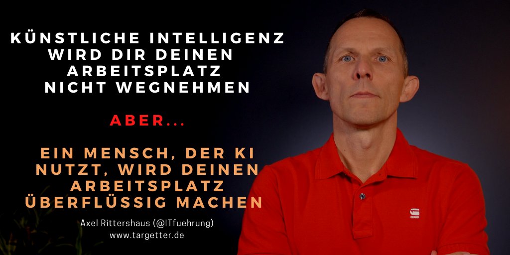 #KI wird Dir Deinen Arbeitsplatz nicht wegnehmen - ABER... Ein MENSCH, der EINE KI NUTZT, wird Deinen Arbeitsplatz überflüssig machen #chatgpt targetter.de/auswirkungen-c…