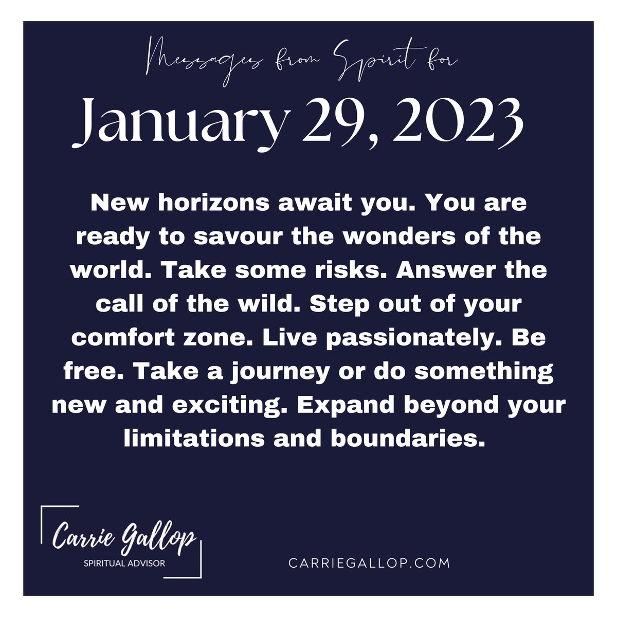 Messages From Spirit for January 29, 2023 ✨

#Daily #Guidance #Message #MessagesFromSpirit #January29 #Jan29 #NewHorizons #Ready #Savour #Wonders #World #TakeRisks #AnswerTheCall #Wild #StepOutOfYourComfortZone #Passion #Freedom #TakeAJourney #DoSomethingNew #Exciting #Expand