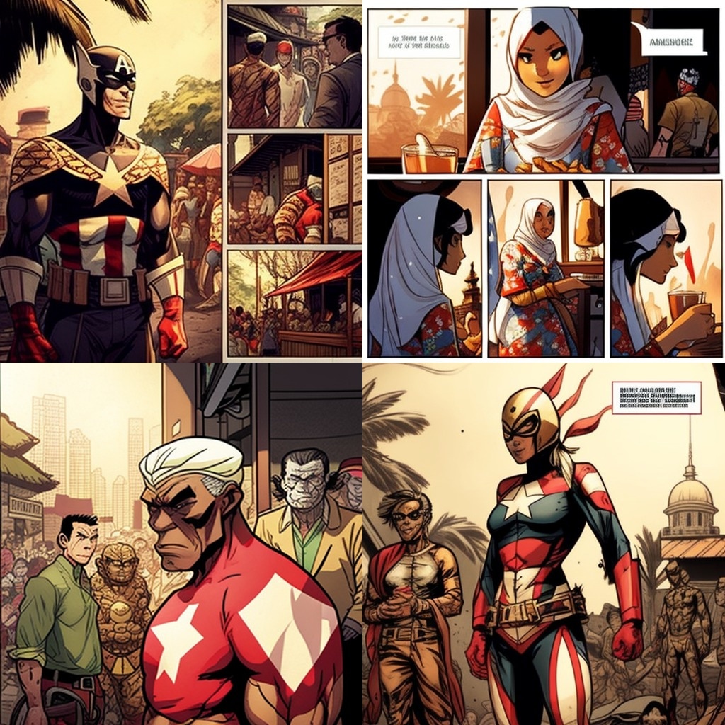 byotenega's tweet photo. Masih dalam rangka eksperimen #AI 
Membuat komik tentang Indonesia dengan style Marvel. 

Deg-degan lihat hasilnya.
Beyond my imagination. https://t.co/VZopVIZbGG