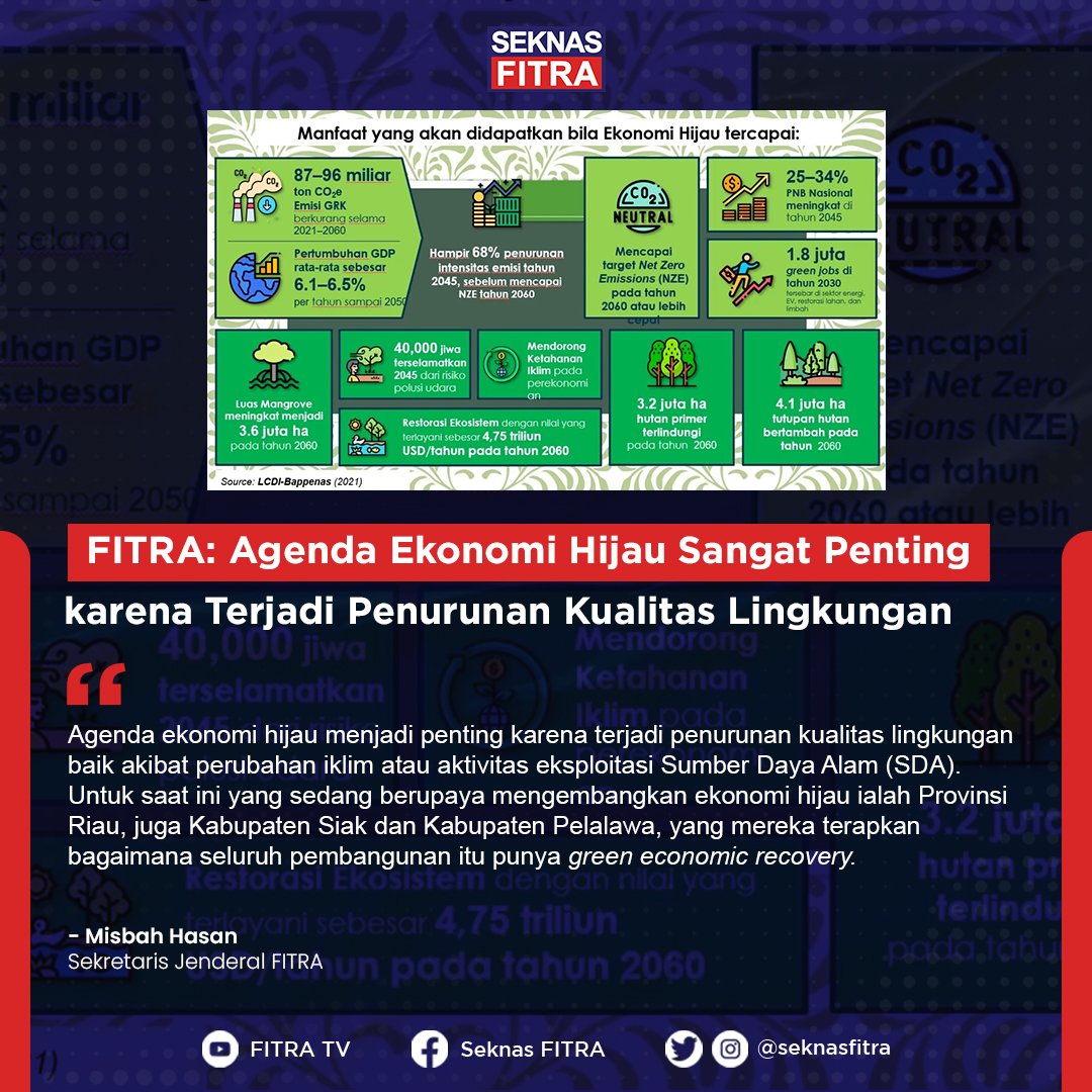 Sekretaris Jenderal FITRA Misbah Hasan menyampaikan agenda ekonomi hijau menjadi penting karena terjadi penurunan kualitas lingkungan baik akibat perubahan iklim atau aktivitas eksploitasi Sumber Daya Alam (SDA).