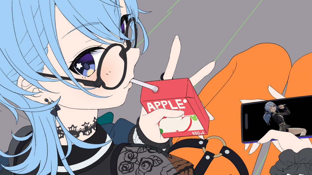 hoshimachi suisei 1girl juice box solo orange pantyhose blue eyes jewelry blue hair  illustration images