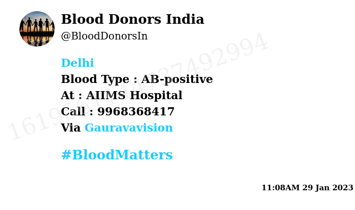 #SOS
#Delhi
Need #Blood Type :  AB-positive
Blood Component : 2 units AB+ve &amp; 6 units Any Group
Number of Units : 8
Primary Number : 9968368417
Patient : Lalita Devi
Via: <a href="/Gauravavision/">Adv Gaurav Kumar Singh</a>
#BloodMatters
