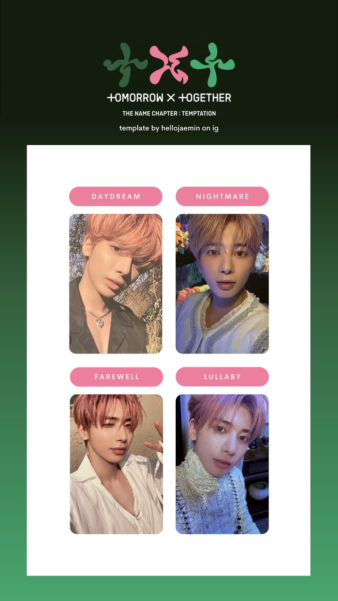 gcingseventeen's tweet photo. txt the name chapter: temptation individual member photocard template / list

download: https://t.co/IZHsoQRIcU

tags; tomorrow x together pc soobin yeonjun beomgyu taehyun hueningkai 투머로바이투게더 투바투 이름의 장 템테이션 포카 포토카드 리스트 연준 수빈 범규 태현 휴닝카이 https://t.co/pjODPk3eiQ