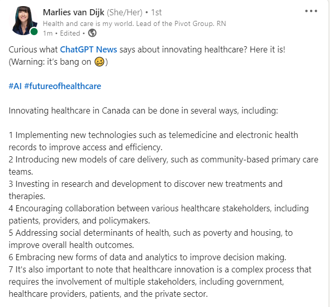 picardonhealth's tweet photo. RT @tweetvandijk: Curious what #ChatGPT News says about innovating healthcare? Here it is!
(Warning: it’s bang on 🥴) #AI https://t.co/NgM8cME2OD
