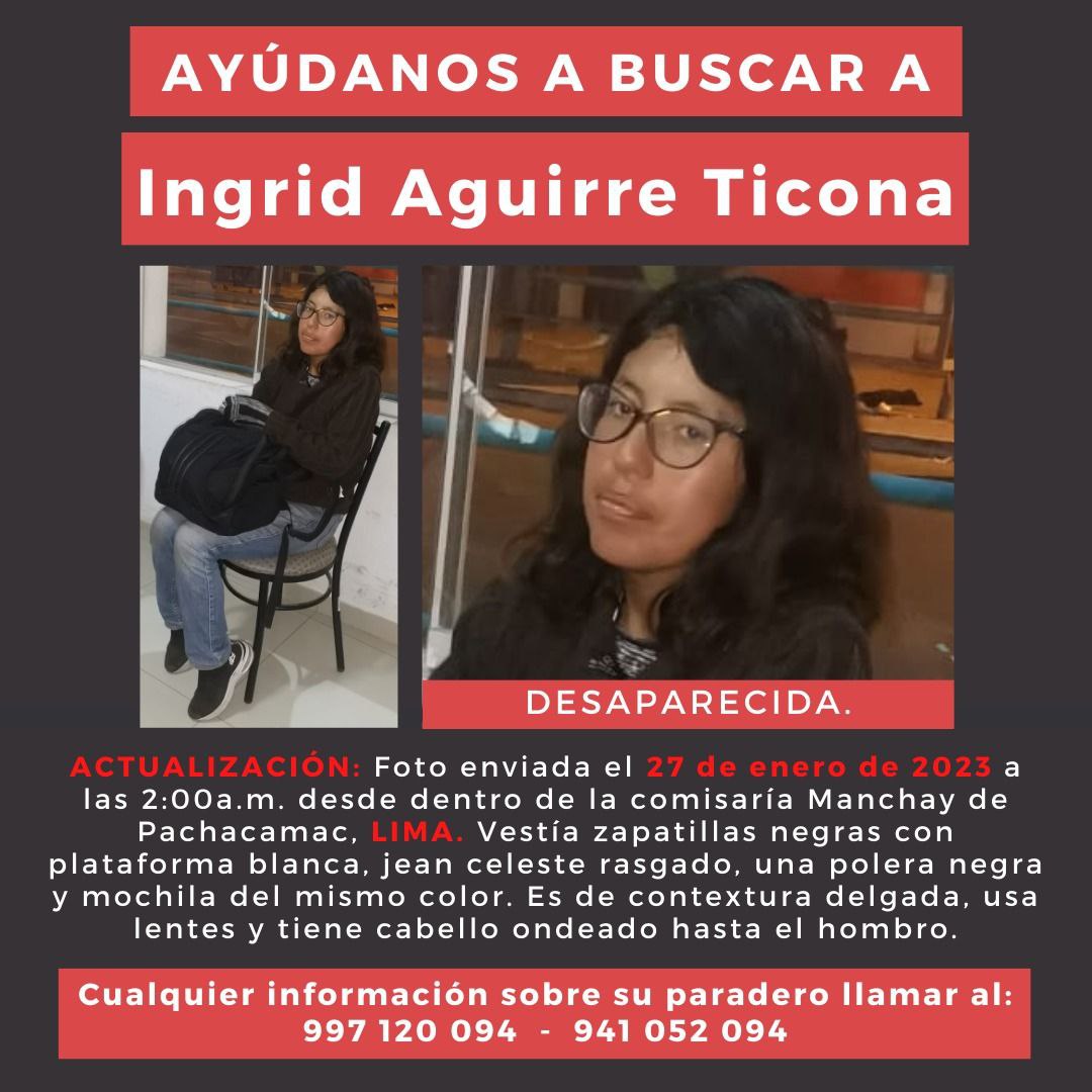 Ingrid Aguirre Ticona SIGUE DESAPARECIDA, luego de que el pasado sábado la detuvieran arbitrariamente en San Marcos. Esta foto compartida es del día 27/01 a las 2:00 am, pero en la actualidad su familia sigue sin saber con exactitud dónde está. 
DIFUSIÓN!!!
