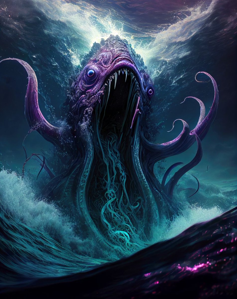 The unnamable purple people eater.
#AiArt #Cthulhu #Lovecraftian #MonsterArt #Leviathan #OceanCreature #purplemonster #MythosCreature #ElderGod #DeepSeaHorror #LovecraftLore #CosmicHorror #TentacleMonster #DigitalPainting #ArtJourney #AiPainting #ArtisticAI #MidJourney #mangorai