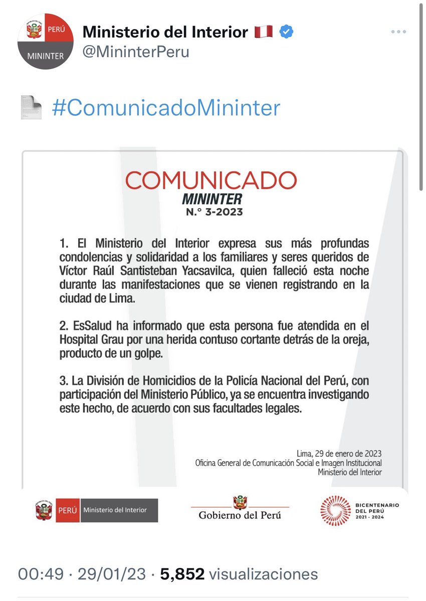 El <a href="/MininterPeru/">Ministerio del Interior 🇵🇪</a> borró su tuit y volvió a subir su comunicado. ¿Qué cambió? El punto número 2.