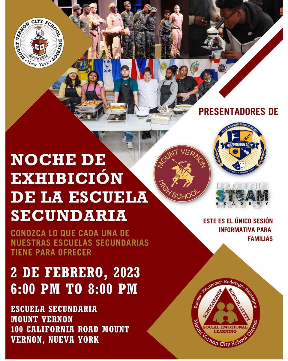 drbcatmvcsd's tweet photo. Learn what each of our high schools have to offer at the High School Showcase Night on February 2, 2023, from 6 p.m. to 8p.m. at Mount Vernon High School, 100 California Rd, Mount Vernon, NY 10552. https://t.co/meS35eQyjY