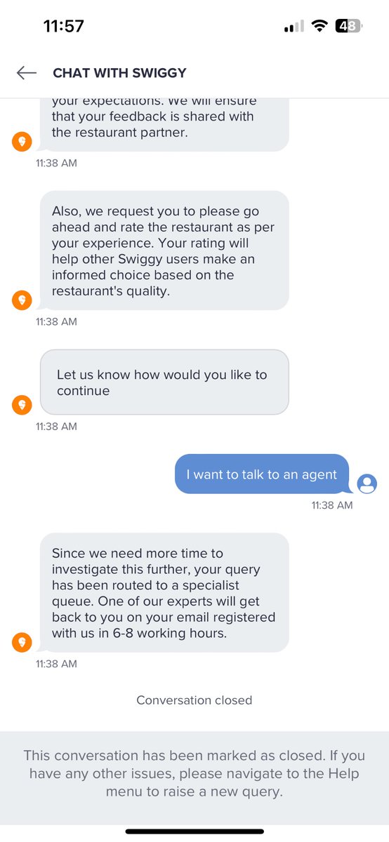 abhi8958's tweet photo. @SwiggyCares Let’s see how much time u guys gona take to solve this. Anyone order food because they are hungry at that time. Now what im doing here is typing. Great service @Swiggy @SwiggyCares https://t.co/4x1SP8SS6d
