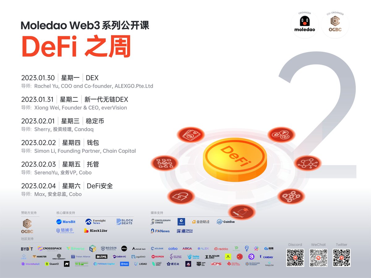 The Second week of our MoleEdu CN series is starting!

We will be covering DeFi topics week, starting tomorrow night (30th January) at 8:00pm (Beijing time).

Details in image below!