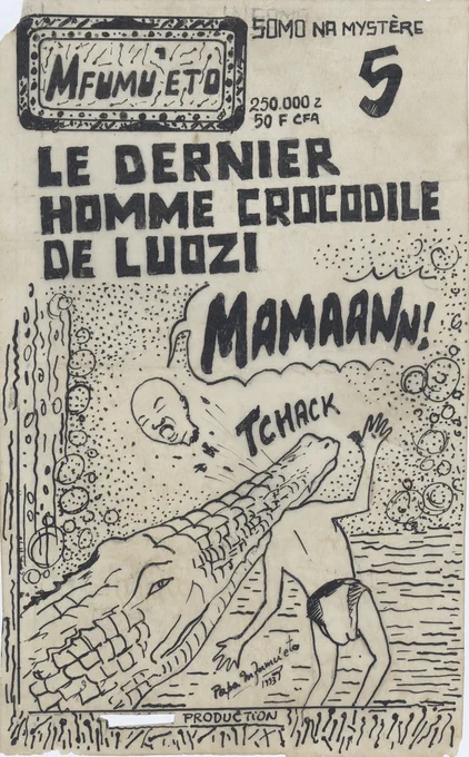 コンゴ漫画のこわいワニ、ヘビ、ゾンビ、ちょっとロッキー4のソ連のボクサー似のエイリアンと、AK-47を構えるサダム・フセイン。 