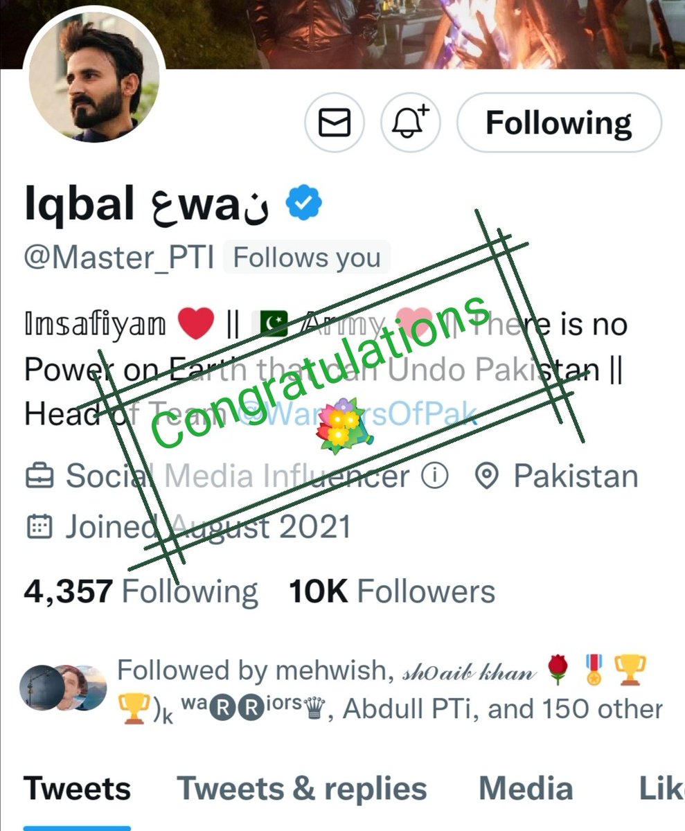 Very very congratulations to the Head of team Warriors 
<a href="/Master_PTI/">Iqbal Awan</a> for completing 10k followers...🎉🎉🎉🎉🎉
May Allah bless you more and more.. 😍.
Boht boht mubarak ho bhai 🥰🤩