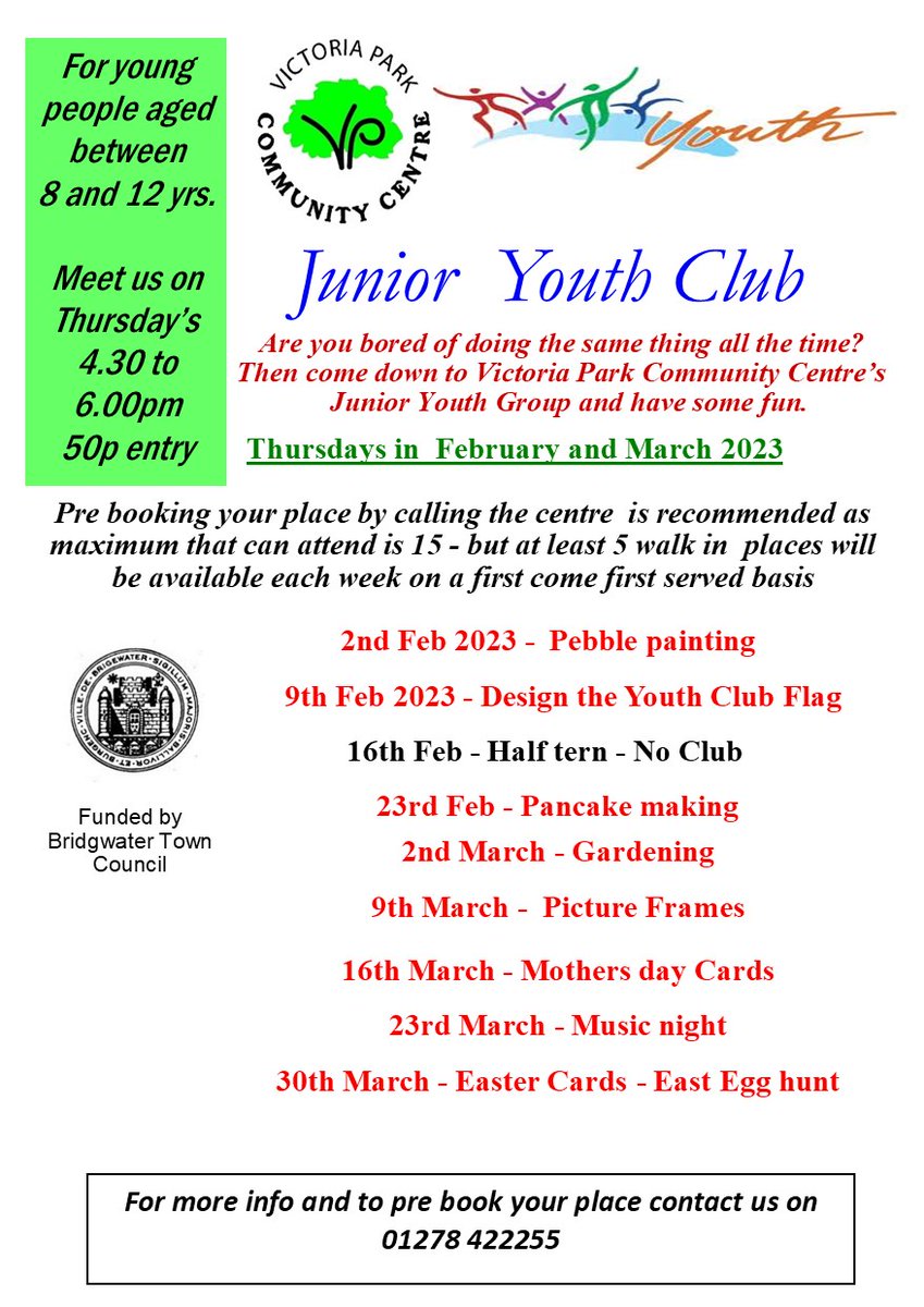 Did you know we have a youth Club ?!

We do  😊👍 - its for those aged 8 - 12 years and 
is only 50p a week !! 

Please see attached advert - we are looking for some new young people to join us on a Thursday night 

VPCC