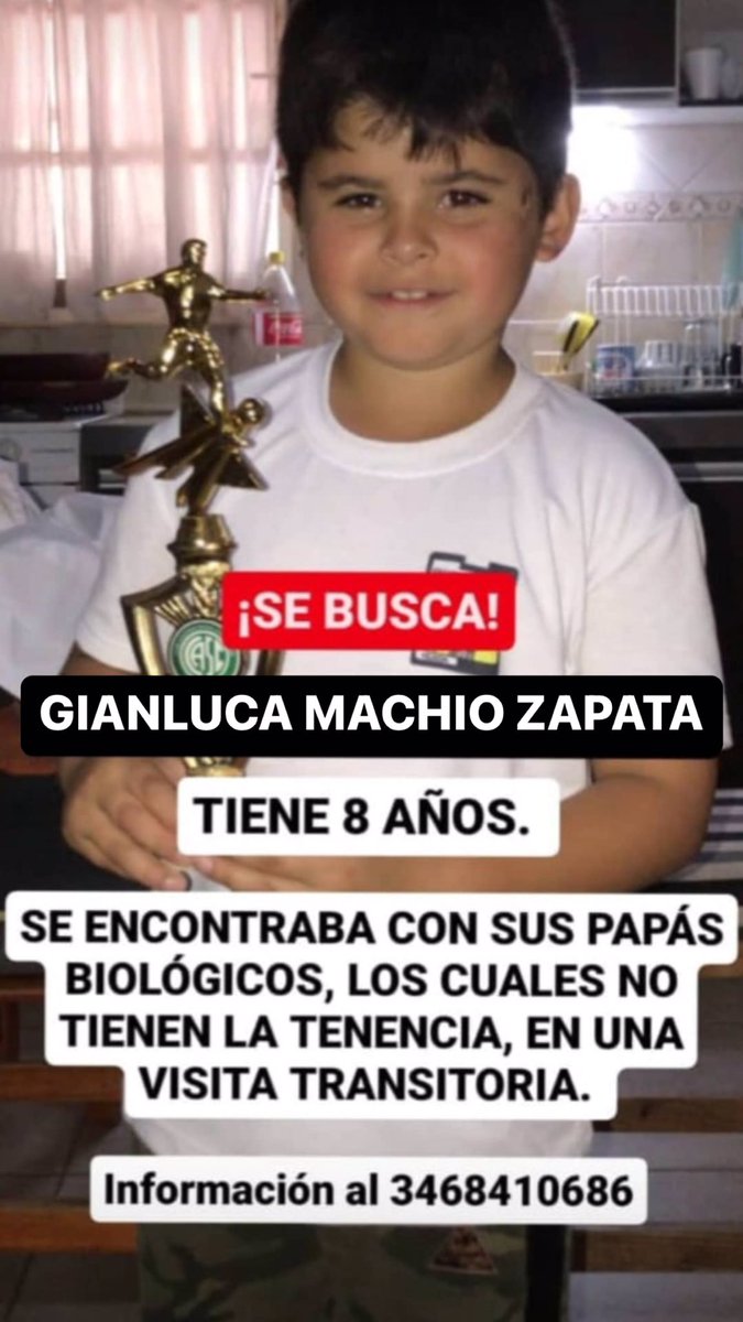 desaparecidaorg's tweet photo. #URGENTE BÚSQUEDA TIEMPO REAL #ARGENTINA
Gianluca Machio Zapata tiene 8 años, desapareció con sus padres biológicos, que no poseen la tenencia. Éstarían por sacarlo a Brasil. Se libró una orden de detención para Gerardo Maschio y Carolina Zapata. Avisar al☎️3468410686, o al 911 https://t.co/oNrhPWxuaR