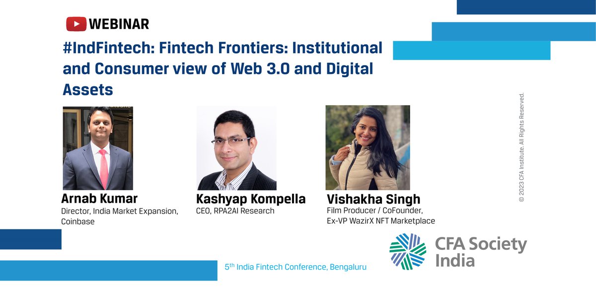 CFASocietyIndia's tweet photo. Watch this recorded session on 'Fintech Frontiers: Institutional and Consumer view of Web 3.0 and Digital Assets' by Kashyap Kompella, Vishakha Singh, Arnab Kumar, at the 5th India Fintech Conference, Bengaluru #IndFintech
Watch here: https://t.co/Wngx7MJ5zN
#fintech https://t.co/5X0OGTtoXE
